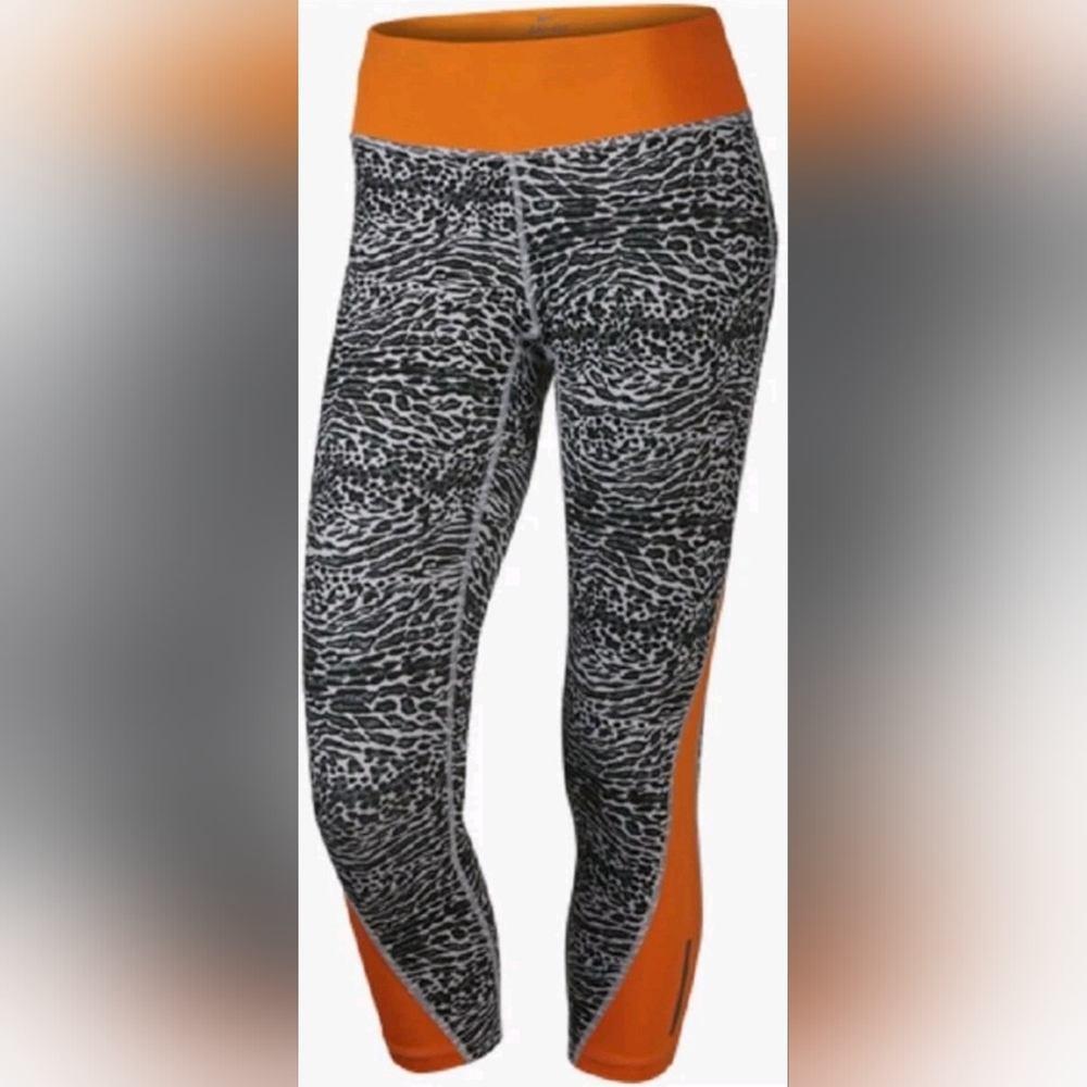 NIKE Dri-Fit Racer Leopard Print Crop Zipper Pocket Leggings Size Large